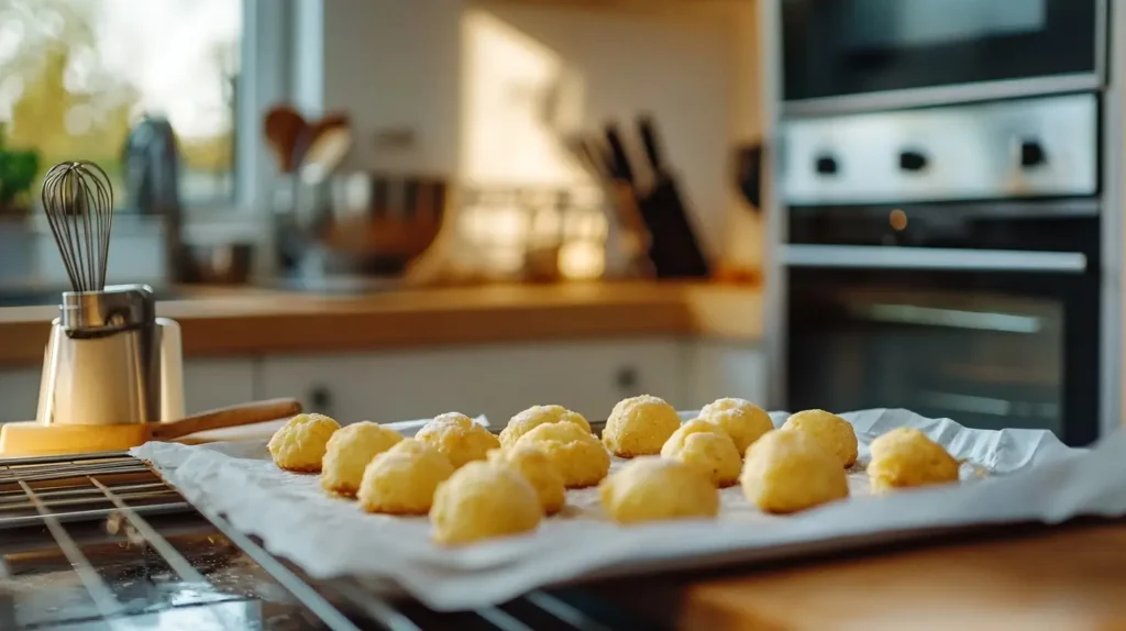 A tray of apple fritters being shaped by hand on parchment paper, with a preheated oven and baking tools in the background