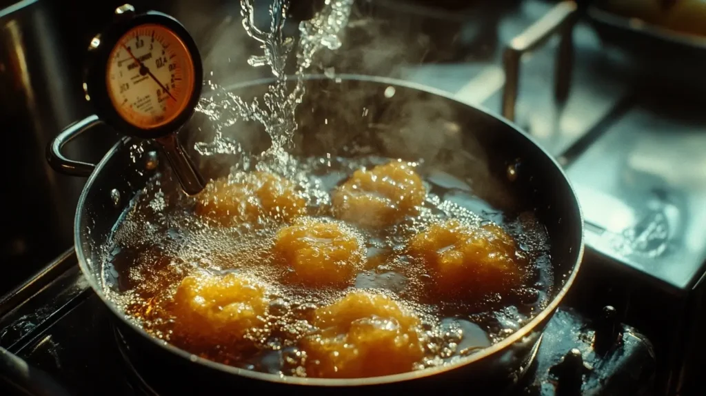 Apple fritters frying in hot oil with a thermometer showing the ideal temperature for crispy results