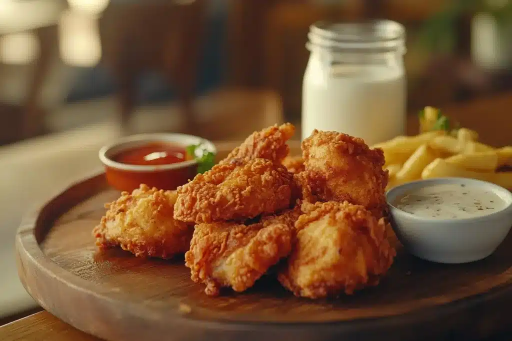 Golden fried chicken with a milk jar in the background