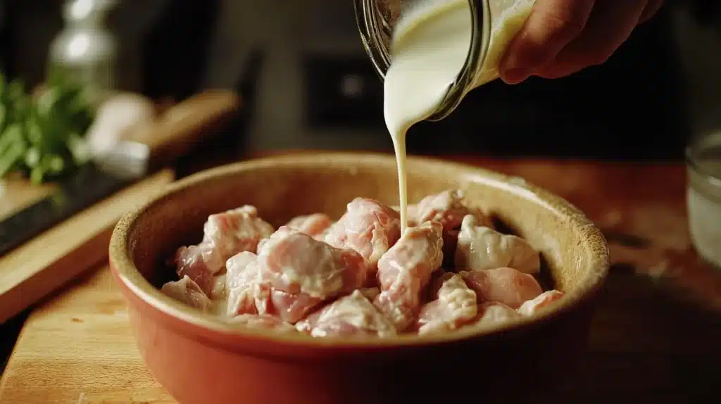 A step-by-step image showing the marination process with chicken and spices being prepared