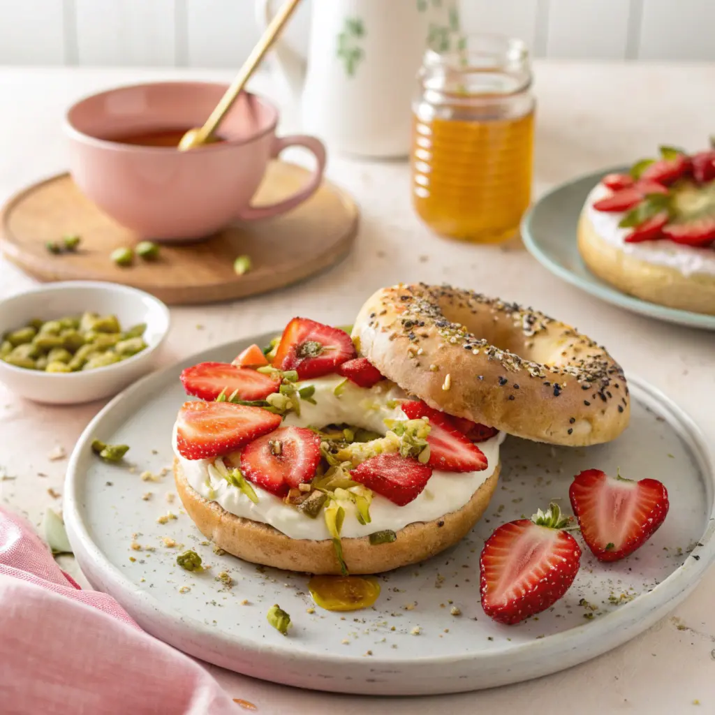 Bagel half with cream cheese, fresh strawberries, honey drizzle, and crushed pistachios on a pastel breakfast table