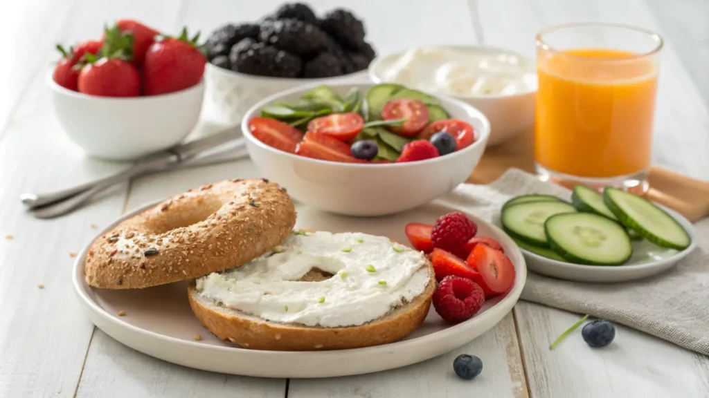 A wholesome breakfast featuring a whole-grain bagel with cream cheese, fresh vegetables, mixed berries, and a glass of orange juice on a wooden table.