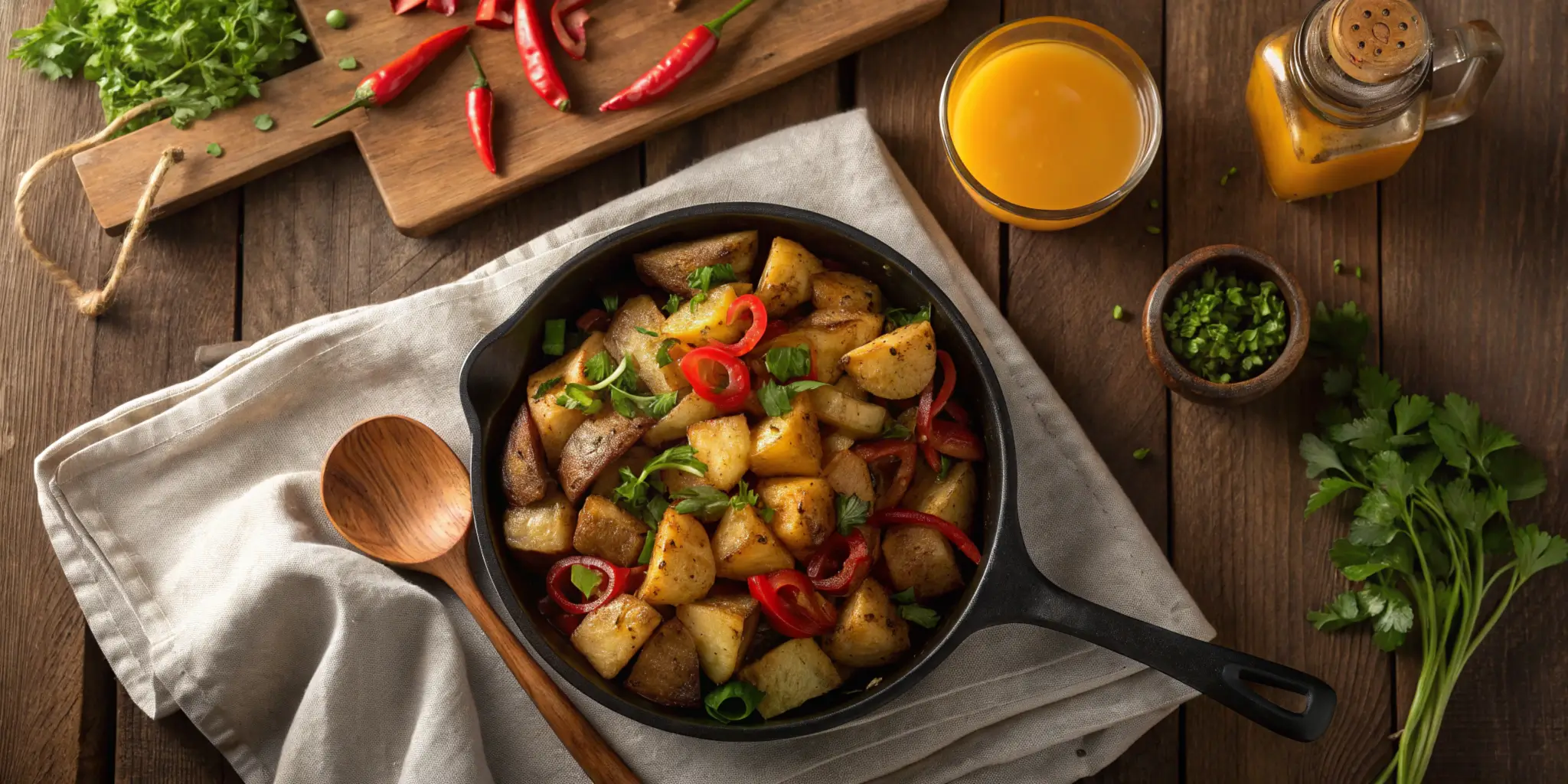 An inviting skillet of perfectly cooked frozen Potatoes O'Brien with peppers and onions, styled on a rustic table with warm, natural lighting