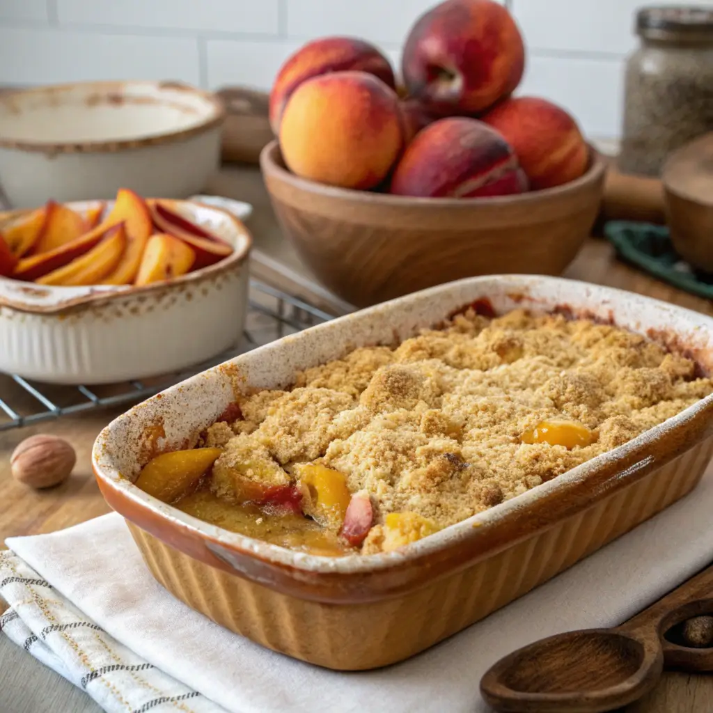 Golden peach crumble with a crumbly butter topping in a rustic kitchen setting