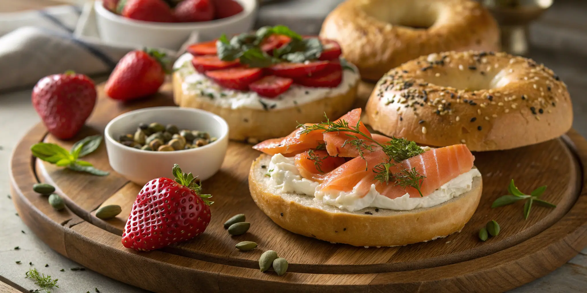 Assorted bagels with cream cheese, topped with smoked salmon, fresh herbs, strawberries, honey drizzle, and capers on a wooden board