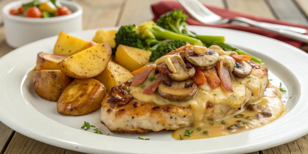 A mouthwatering Alice Springs chicken topped with cheese, turkey rashers, and mushrooms, served with potatoes and vegetables on a white plate