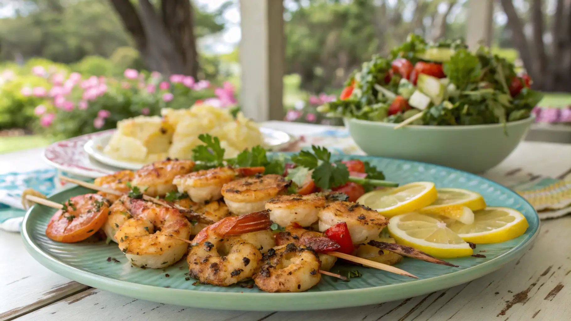 A colorful display of shrimp dishes, including sautéed garlic butter shrimp, grilled shrimp skewers, and a fresh shrimp salad, beautifully presented on a wooden table with vibrant garnishes