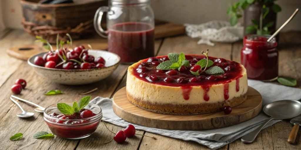 A whole cheesecake topped with cherry sauce and garnished with fresh cherries and mint, displayed on a rustic wooden table