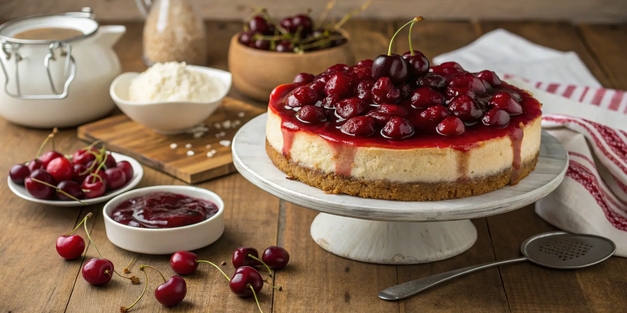 A beautifully styled cherry cheesecake topped with glossy cherry sauce and fresh cherries, surrounded by baking ingredients on a rustic wooden table, perfect for showcasing a cherry cheesecake recipe