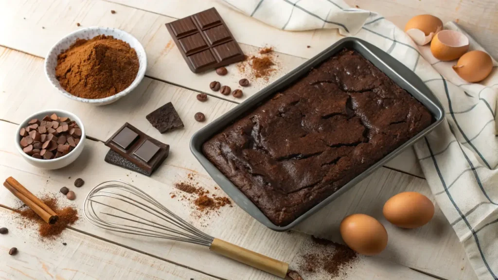 A tray of freshly baked brownies surrounded by ingredients like chocolate, cocoa powder, and eggs, showcasing ideas to enhance boxed brownie mix