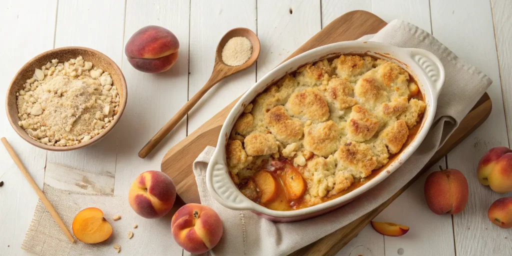 Rustic flat lay featuring a golden peach cobbler in a ceramic dish, surrounded by fresh peaches and crumble ingredients, styled for a warm and professional look