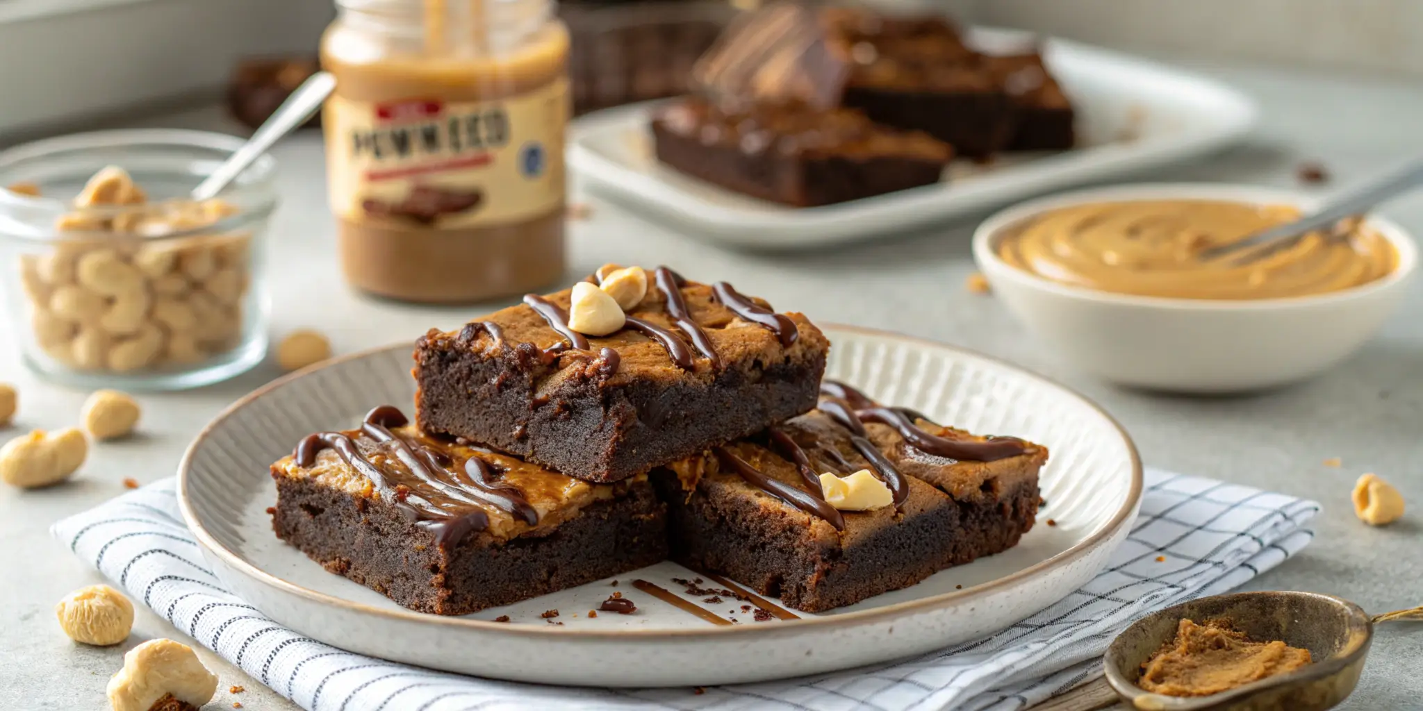 A plate of rich, gooey brownies made with peanut butter, topped with chocolate drizzle, surrounded by a jar of peanut butter and baking tools in a cozy kitchen setting