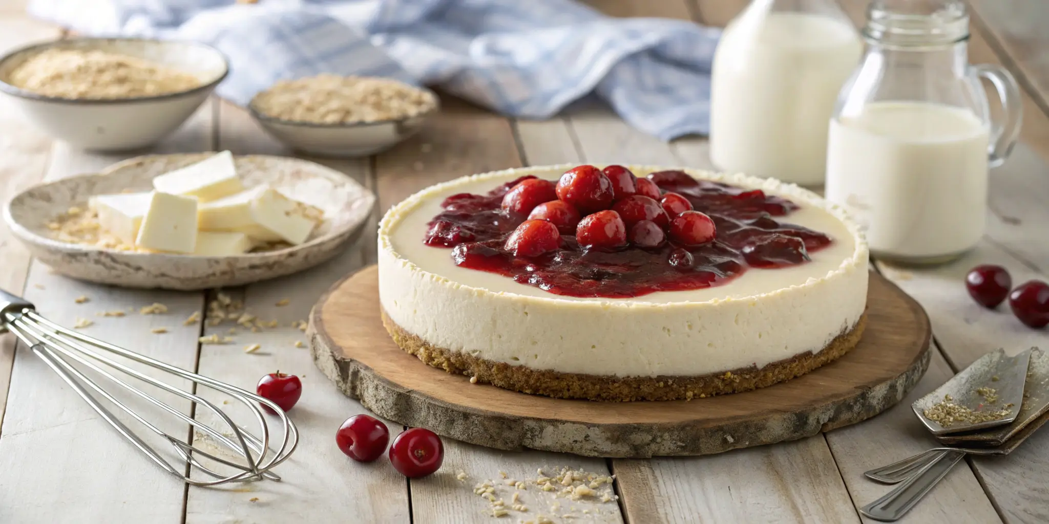 A no-bake cheesecake with creamy filling, graham cracker crust, and cherry topping, styled on a wooden table with ingredients in the background.