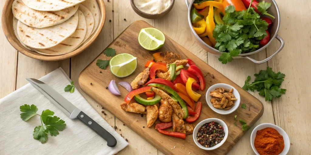 A professional, vibrant overhead view of a rustic kitchen setup featuring marinated chicken, fresh vegetables, spices, and lime wedges ready for making fajita