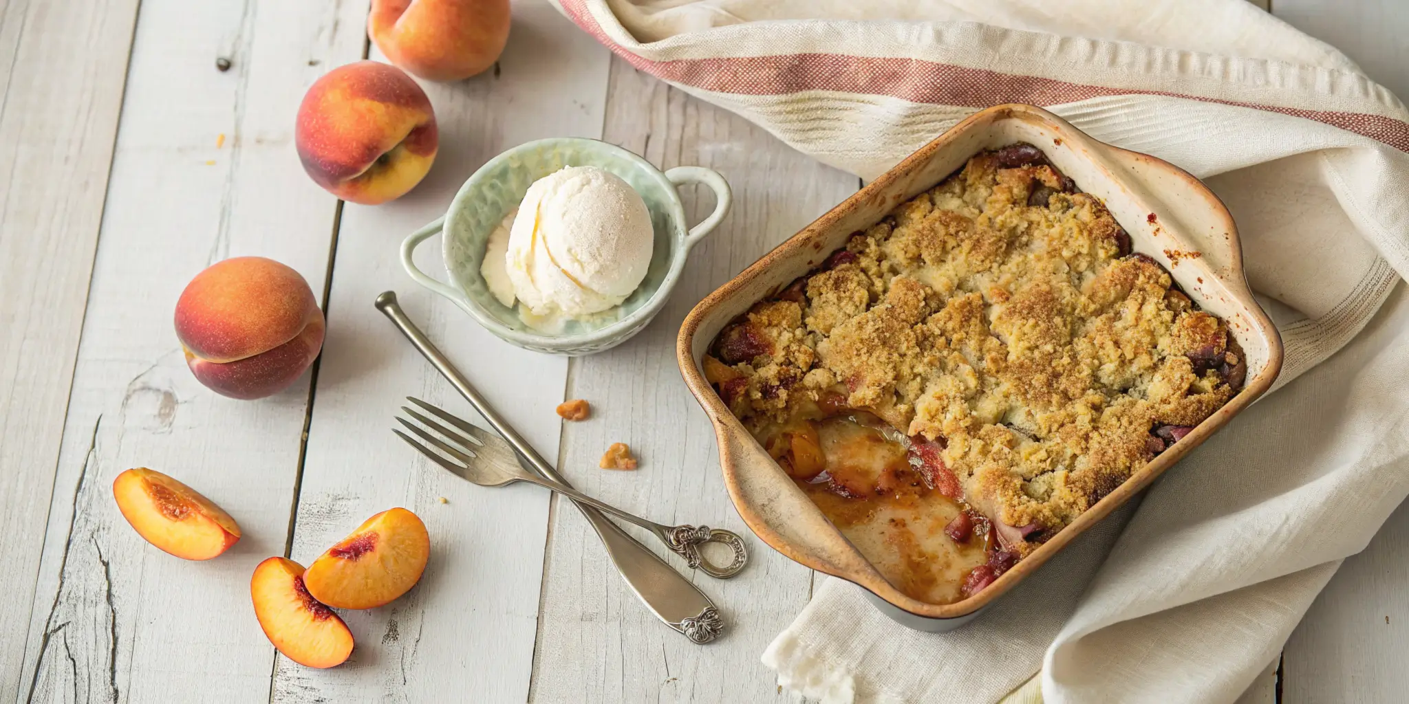 An overhead shot of a homemade peach crumble in a rustic dish with golden, crispy topping, fresh peaches, and vanilla ice cream on a wooden table