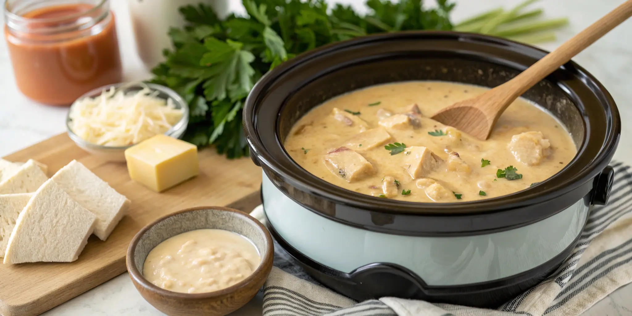 An inviting image of a crockpot filled with thick chicken gravy, surrounded by key ingredients like butter, flour, and fresh parsley, in a cozy kitchen