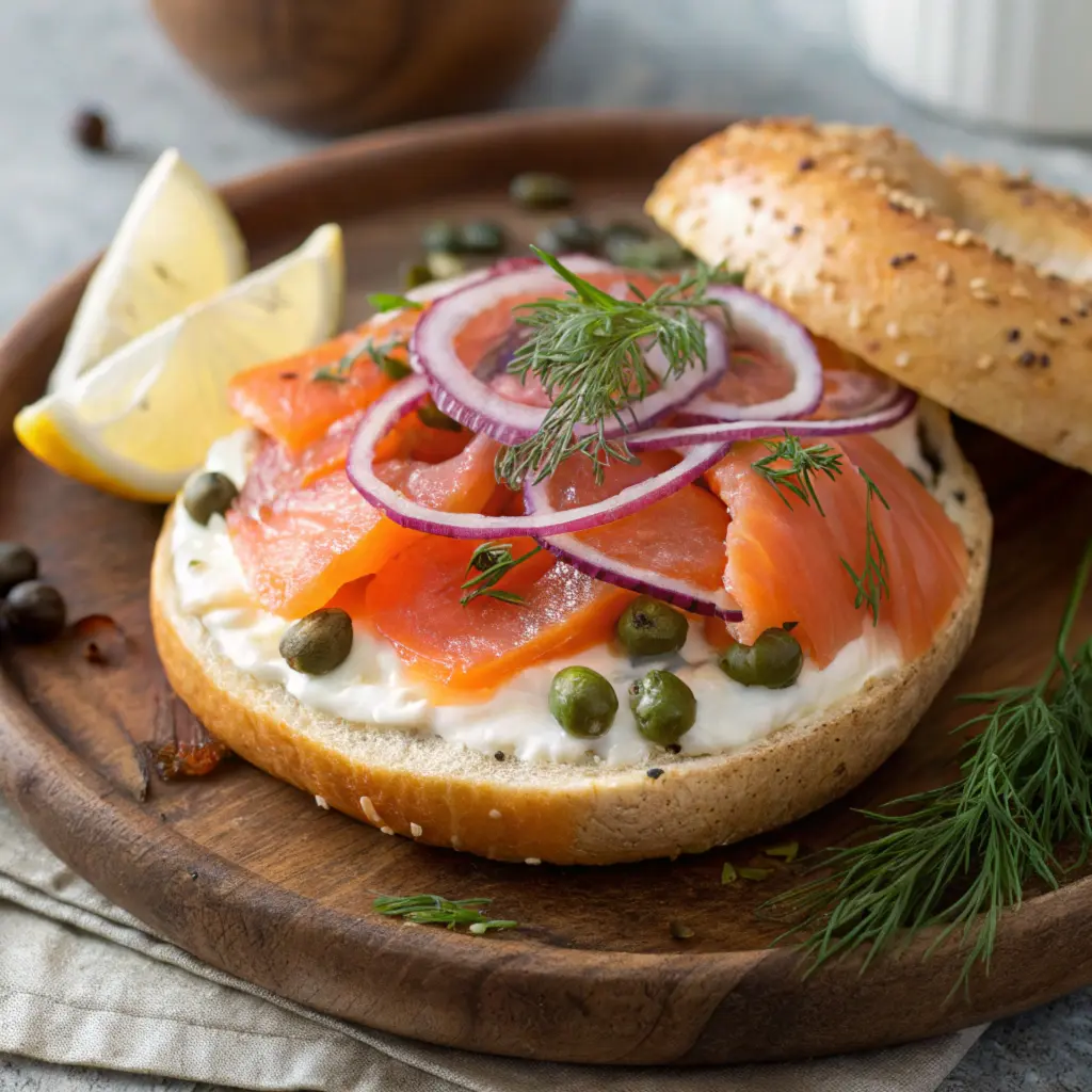 Toasted bagel with cream cheese, smoked salmon, capers, and red onions on a rustic wooden plate with dill garnish