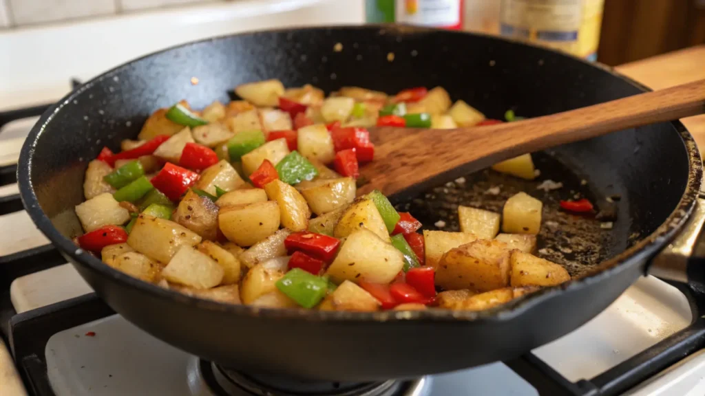 A close-up shot of a black cast-iron skillet on a stovetop, with diced potatoes, red and green bell peppers, and onions frying in light oil