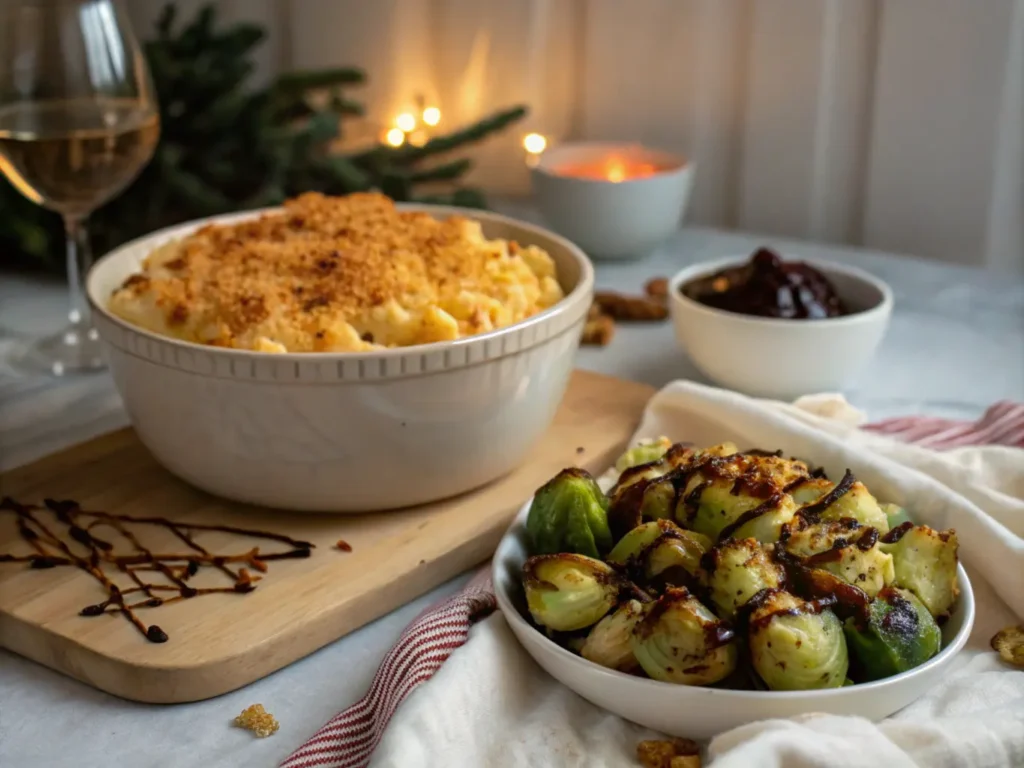 Macaroni and cheese with golden breadcrumbs and roasted Brussels sprouts in a cozy setting