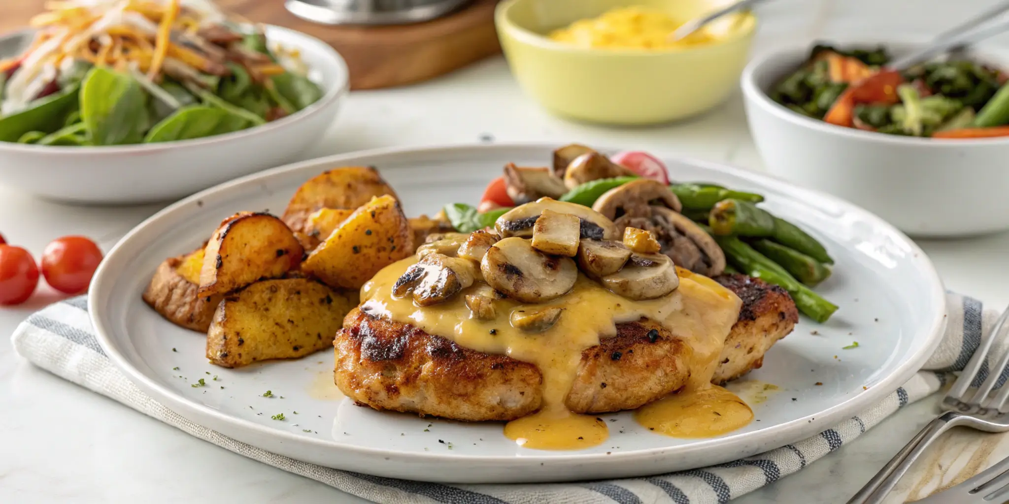 Alice Springs Chicken Recipe featured dish with melted cheese, sautéed mushrooms, honey mustard sauce, and roasted vegetable sides