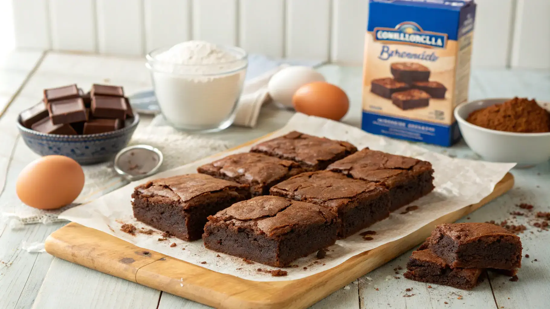 A tray of Ghirardelli brownies cut into squares with fudgy interiors and crackly tops, surrounded by ingredients like eggs, cocoa, and brownie mix