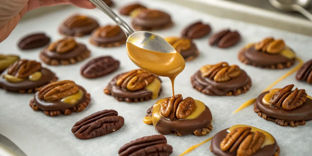 A detailed, close-up shot capturing the process of assembling chocolate turtles on a sheet of parchment paper. The image features clusters of pecans neatly arranged, golden caramel drizzled over them, and rich melted chocolate being poured with a spoon, mid-action. Vibrant colors and textures, including the glossy chocolate, gooey caramel, and rustic pecans, are emphasized to create a visually appealing and professional image that highlights the crafting process