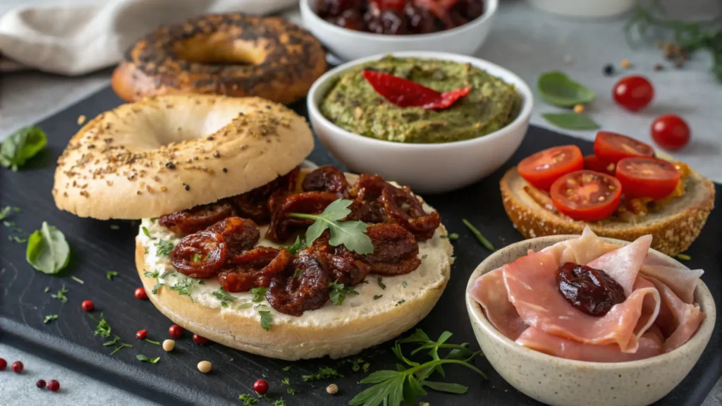 Gourmet platter of bagels with various toppings, including prosciutto and fig jam, pesto with sun-dried tomatoes, and hummus with roasted peppers