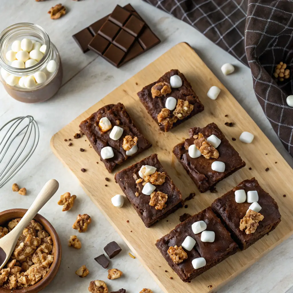 A close-up view of Heavenly Hash Brownies with marshmallow and walnut toppings on a wooden board, perfect for dessert inspiration." This featured image sets the tone for the article while showcasing the star of the recipe in an inviting and appetizing way