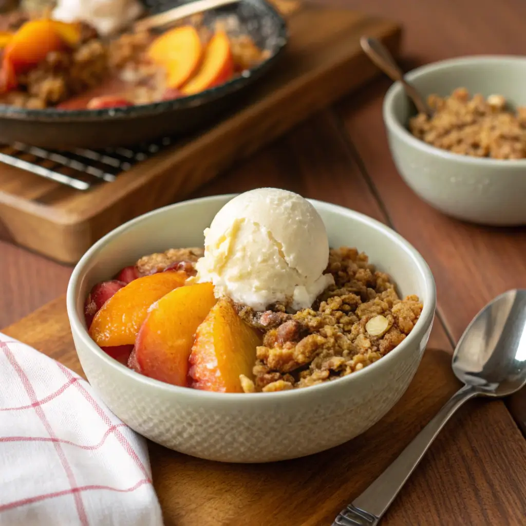 Peach crisp with oat topping, melting vanilla ice cream, and fresh peaches in a cozy setting