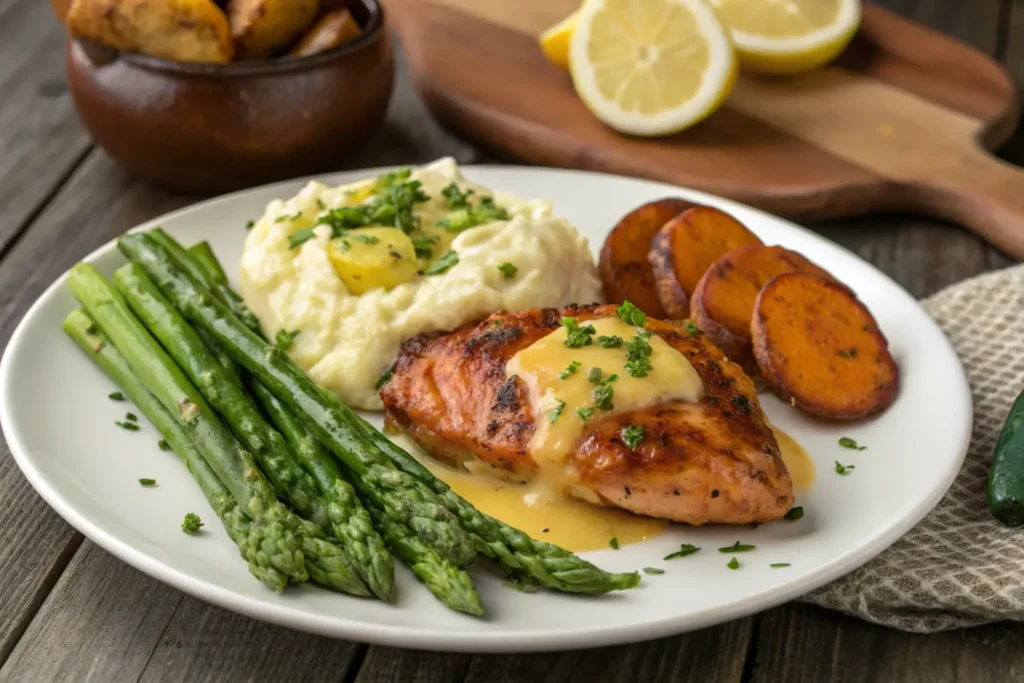 Alice Springs Chicken with mashed potatoes, asparagus, and sweet potatoes on a rustic table