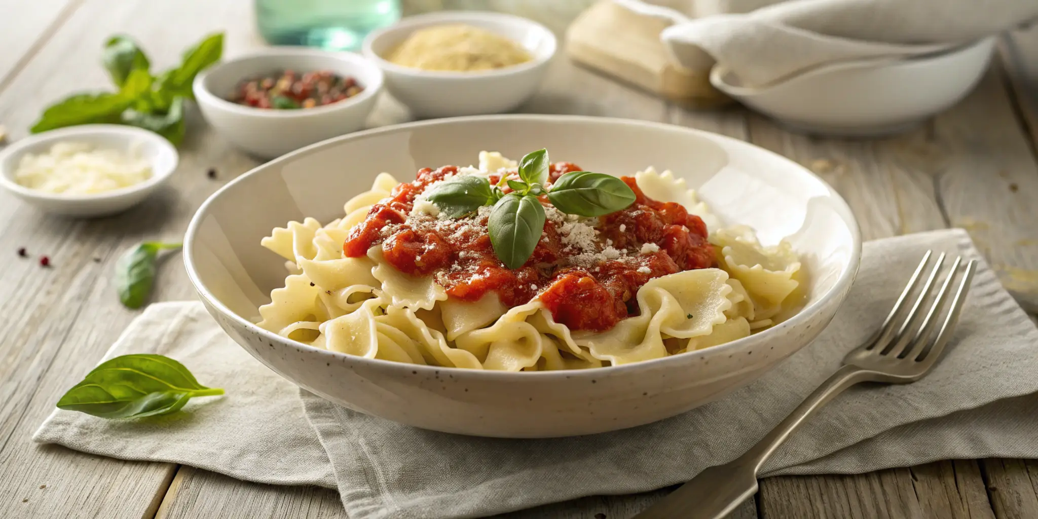 An elegant display of Campanelle pasta with marinara sauce, garnished with fresh basil and Parmesan, set on a rustic table for an authentic Italian feel