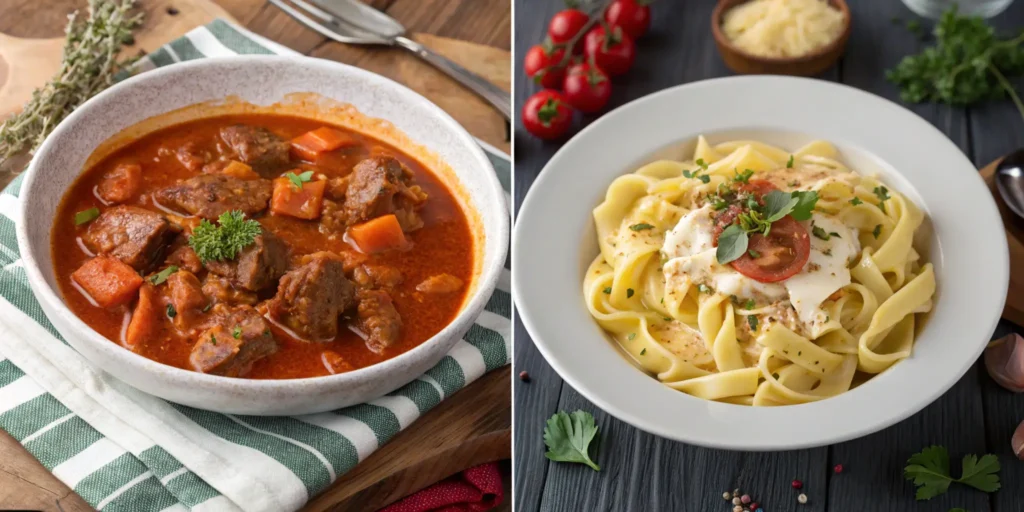 An eye-catching comparison of Hungarian goulash and American beefaroni, showcasing their distinct presentations and cultural styles, perfect for highlighting the article's focus on their differences