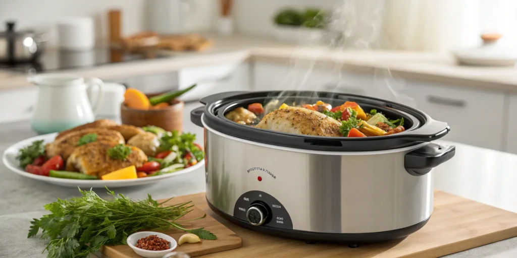 A visually appealing image highlighting a crockpot filled with tender chicken, vibrant vegetables, and fresh herbs, set against a professional kitchen background