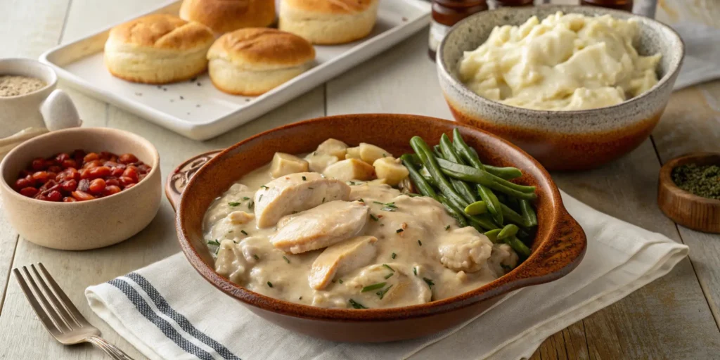 A beautifully set dinner table featuring crockpot chicken and gravy as the main dish, served in a rustic bowl with creamy gravy coating tender chicken, surrounded by mashed potatoes, green beans, and dinner rolls, with a crockpot in the background emitting steam