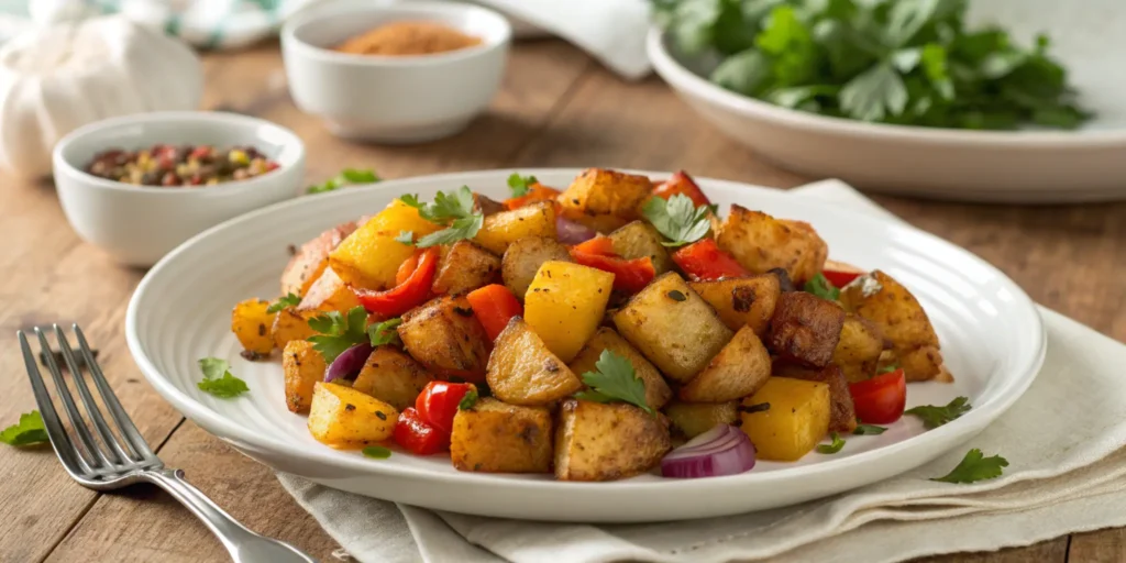 Golden and crispy Potatoes O'Brien served with bell peppers and onions, garnished with parsley on a white plate, styled on a rustic table