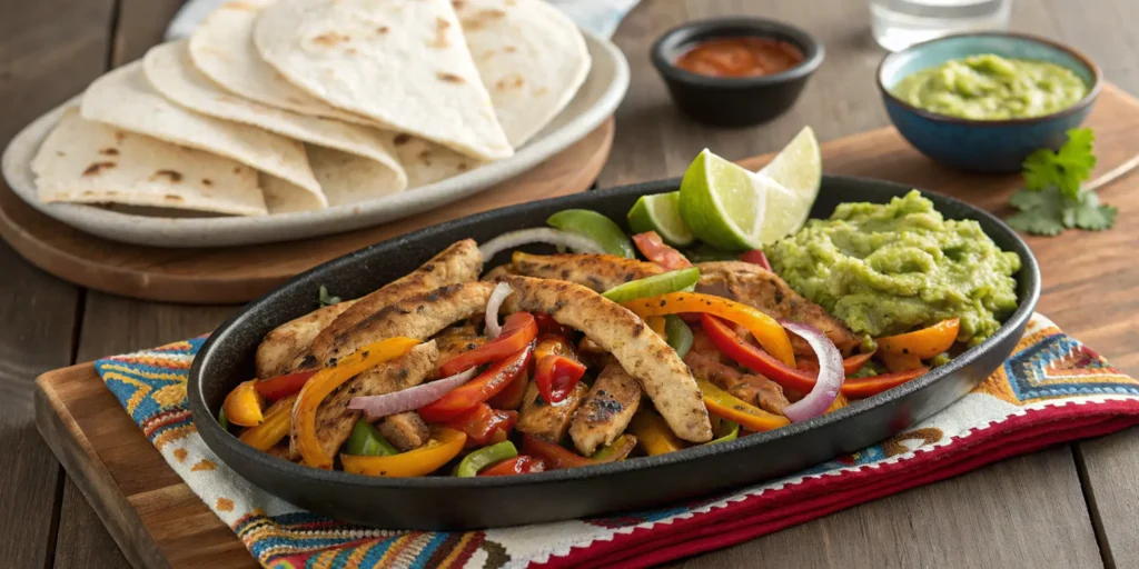 A professional image of sizzling chicken fajitas served with colorful vegetables, tortillas, guacamole, lime wedges, and salsa on a rustic table