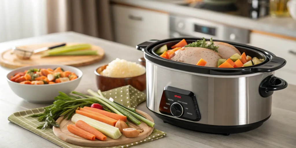 Professional image of a slow cooker with raw chicken, carrots, celery, and potatoes, set on a modern kitchen counter with warm natural lighting