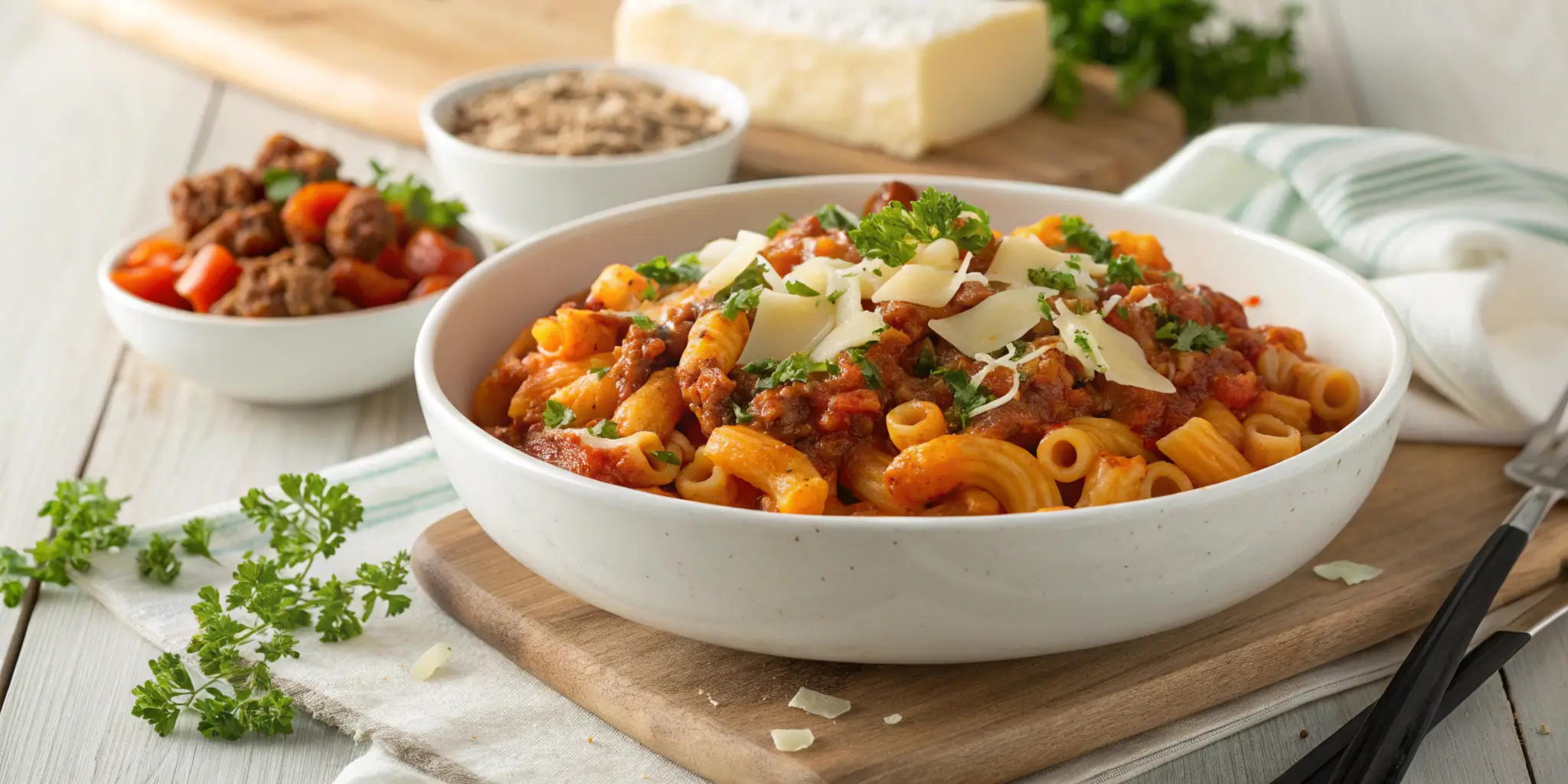 An appetizing Beefaroni dish highlighting rich ground beef, tangy tomato sauce, and elbow macaroni topped with cheese and fresh parsley, styled on a rustic table for a professional and welcoming presentation