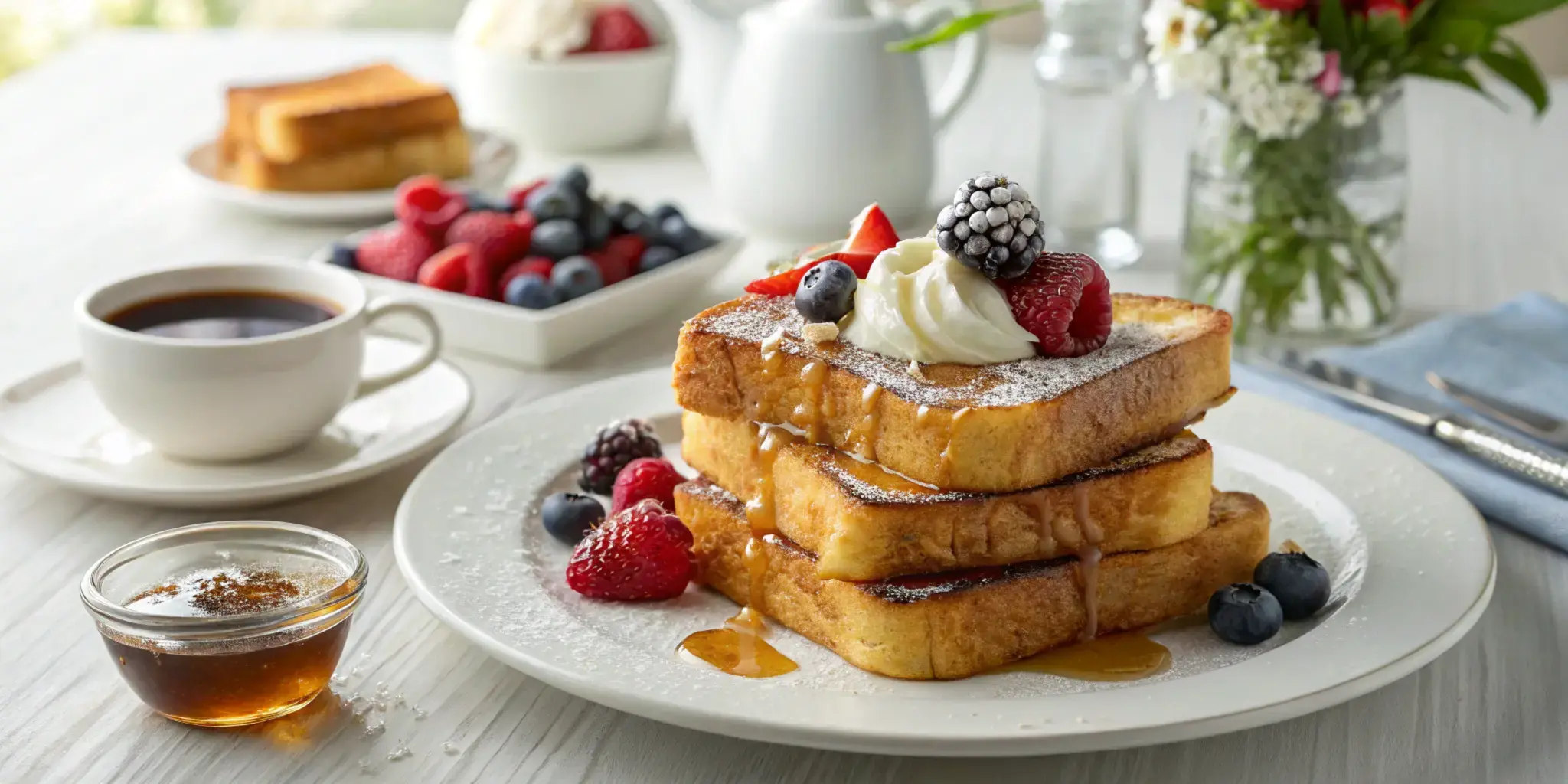 Golden-brown French toast made with King's Hawaiian rolls, topped with fresh berries, powdered sugar, and maple syrup, styled on a rustic table for a cozy breakfast vibe