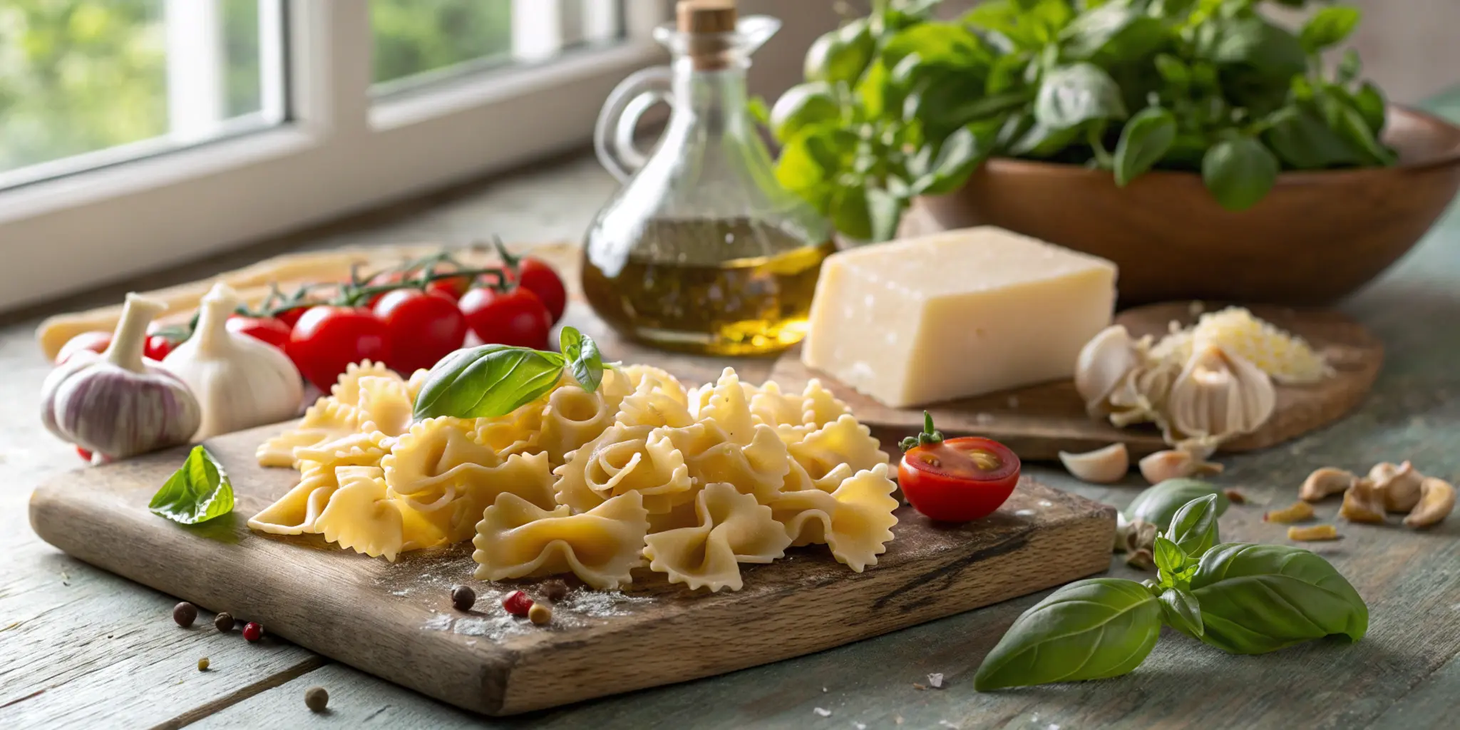 A beautifully arranged feature image showcasing Gigli and Campanelle pasta on a rustic wooden table, surrounded by fresh Italian ingredients like basil, garlic, and Parmesan. The composition reflects the artistry and heritage of Italian cuisine, making it perfect for highlighting the essence of pasta varieties.