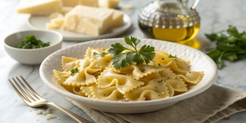 Featured image showcasing freshly cooked campanelle pasta on a white ceramic plate, garnished with parsley and olive oil, styled on a marble countertop with subtle background accents.