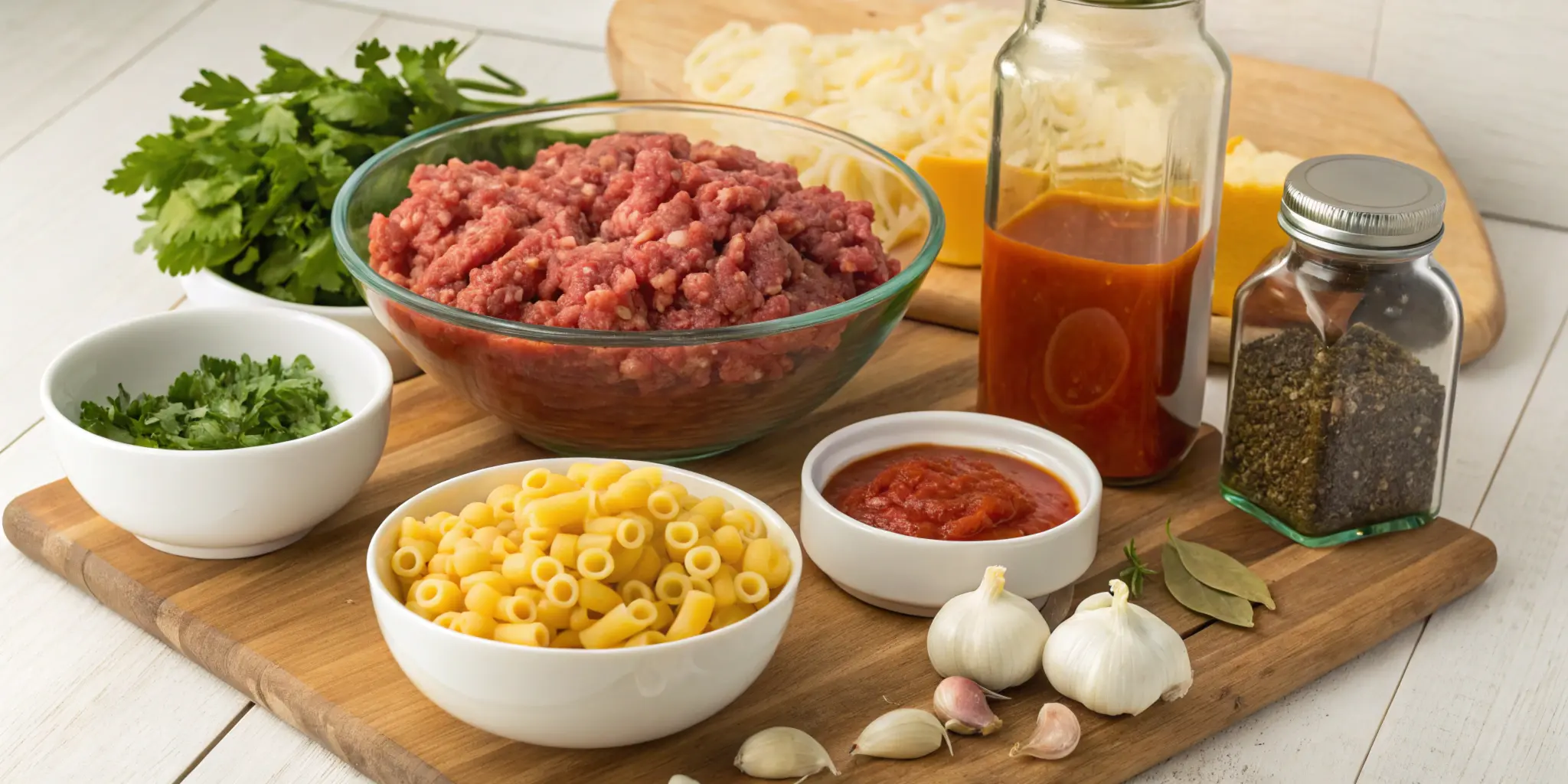 Ingredients for making homemade beefaroni on a rustic wooden countertop, including pasta, ground beef, tomato sauce, onions, garlic, and olive oil.