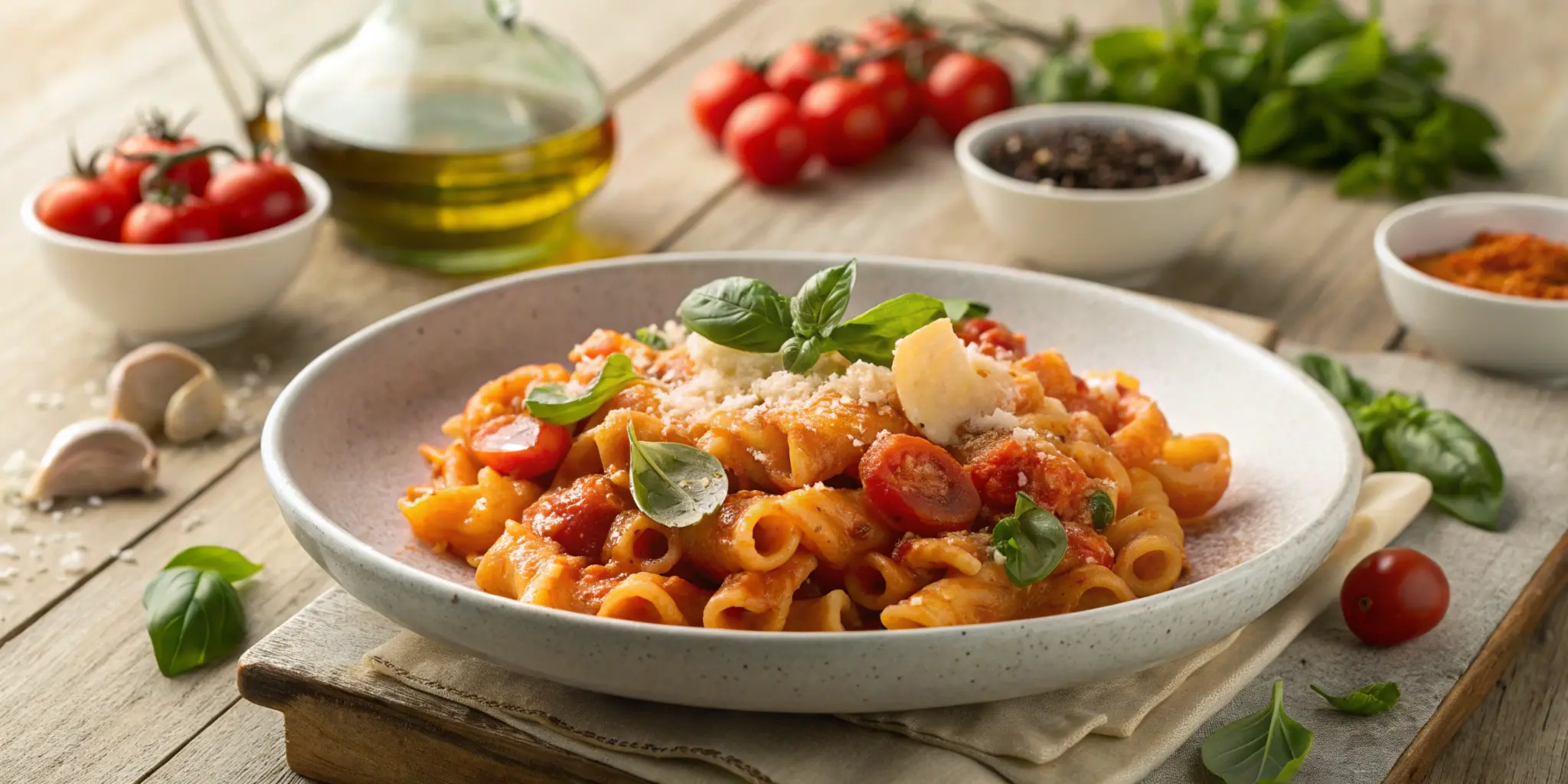 A professional photo of campanelle pasta plated with creamy tomato sauce, garnished with fresh basil and parmesan, on a rustic wooden table