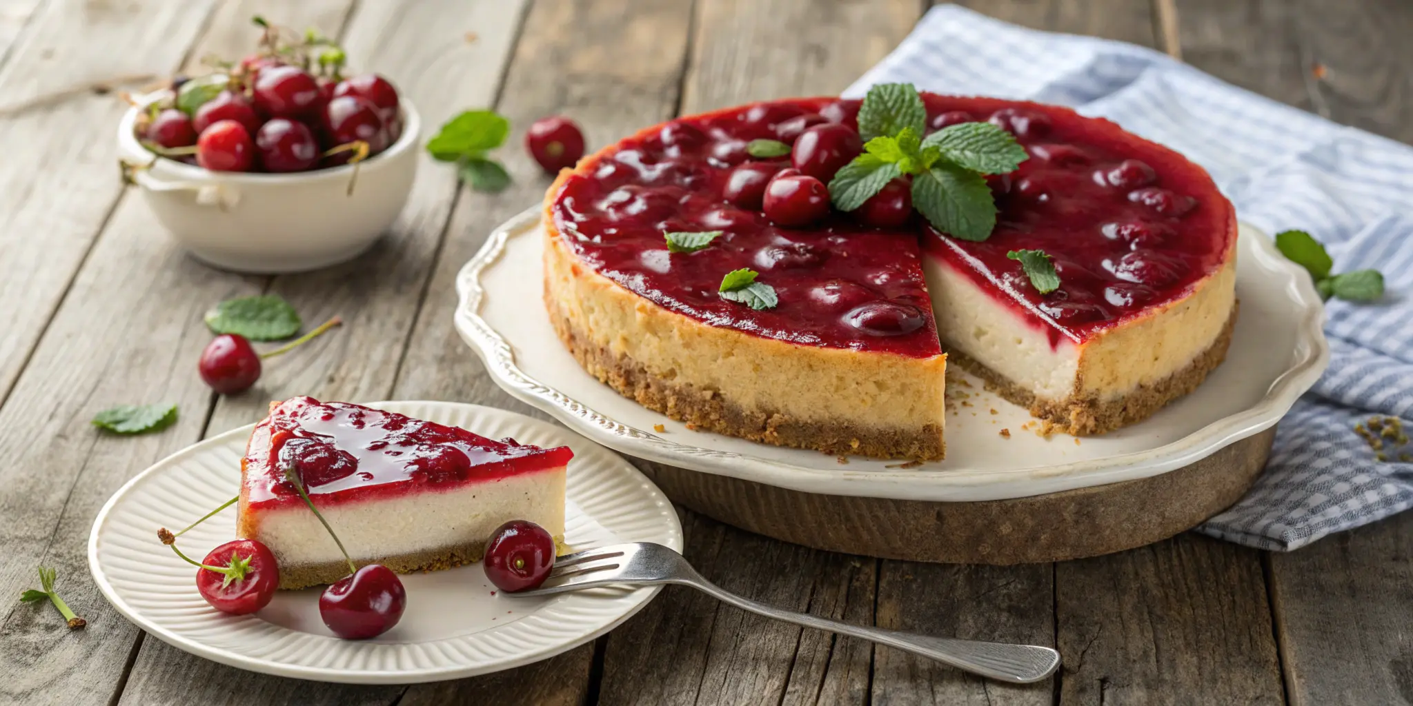 A delicious cherry cheesecake with a glossy cherry topping, creamy filling, and a graham cracker crust, garnished with fresh cherries and mint leaves.