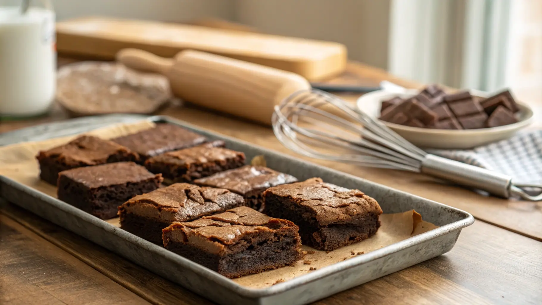 A tray of brownies showing both fudgy and cakey textures, highlighting their differences with a warm kitchen setting in the background