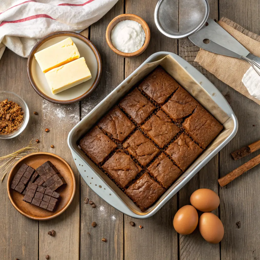 A top-down view of a freshly baked tray of brownies without cocoa powder, golden-brown edges, soft and fudgy center, surrounded by baking ingredients like butter, sugar, eggs, and flour on a rustic wooden table