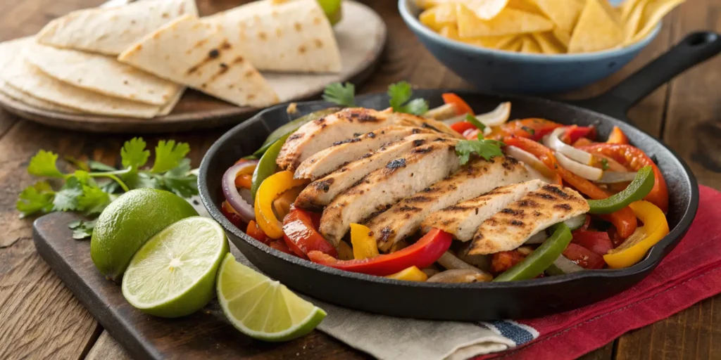 A professional, mouthwatering image of grilled chicken fajitas with colorful bell peppers, onions, and garnishes like lime wedges and cilantro, styled on a rustic wooden table