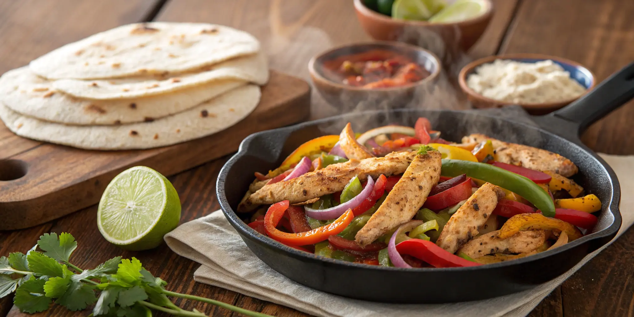 A warm and inviting featured image of a chicken fajita dish with sizzling chicken, colorful vegetables, soft tortillas, and a bowl of fajita seasoning on a rustic wooden table