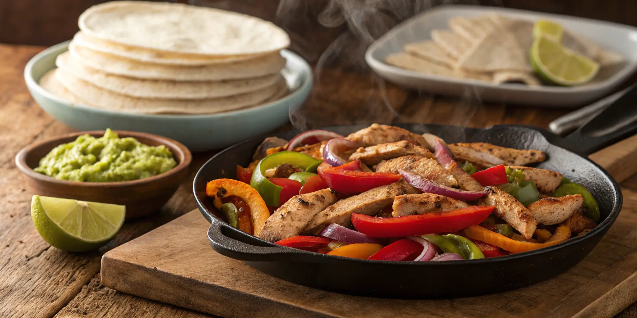 A professional and appetizing image of chicken fajitas served in a hot skillet with colorful bell peppers and onions, accompanied by tortillas, guacamole, and lime wedges on a rustic wooden table