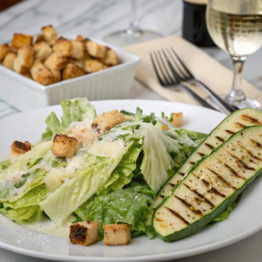 Caesar salad with Parmesan and grilled zucchini elegantly plated